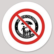 Logo of the Project 171 - a circle with at the top of it reading, "Save the Children" and at the bottom "Anti Groomer Action" while in the center a figure with an umbrella with 171 on it covering itself two smaller figures and another of the same size but wearing a dress - with the no circle placed on it.
