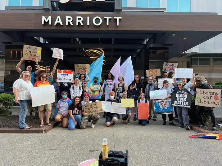 Group of protesters outside the Philadelphia Mariott opposing the upcoming "Moms for Liberty' conference.