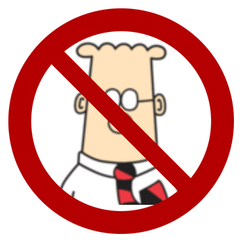 Image of cartoon character Dilbert on a white background and the no circle placed upon it.